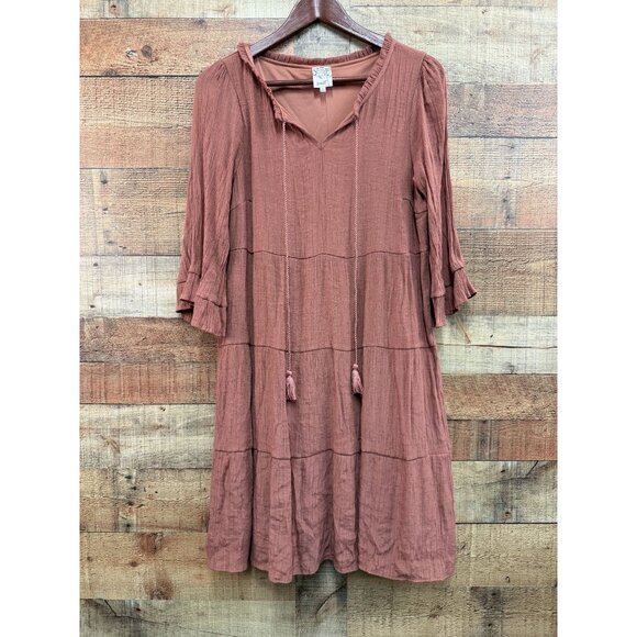 Naif Rust Orange Textured Tiered Mini Dress With Tassel Tie Neck & 3/4 Sleeves L - Picture 1 of 8